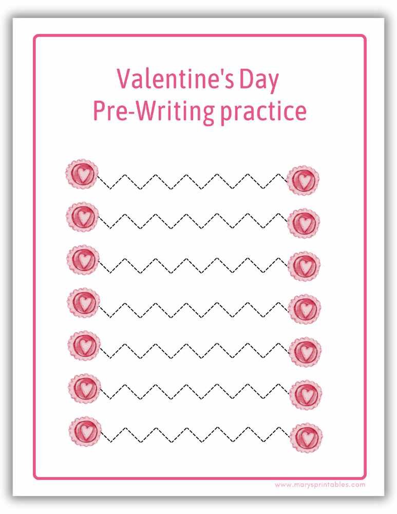 Printable Valentine pre-writing activity page for preschool kids