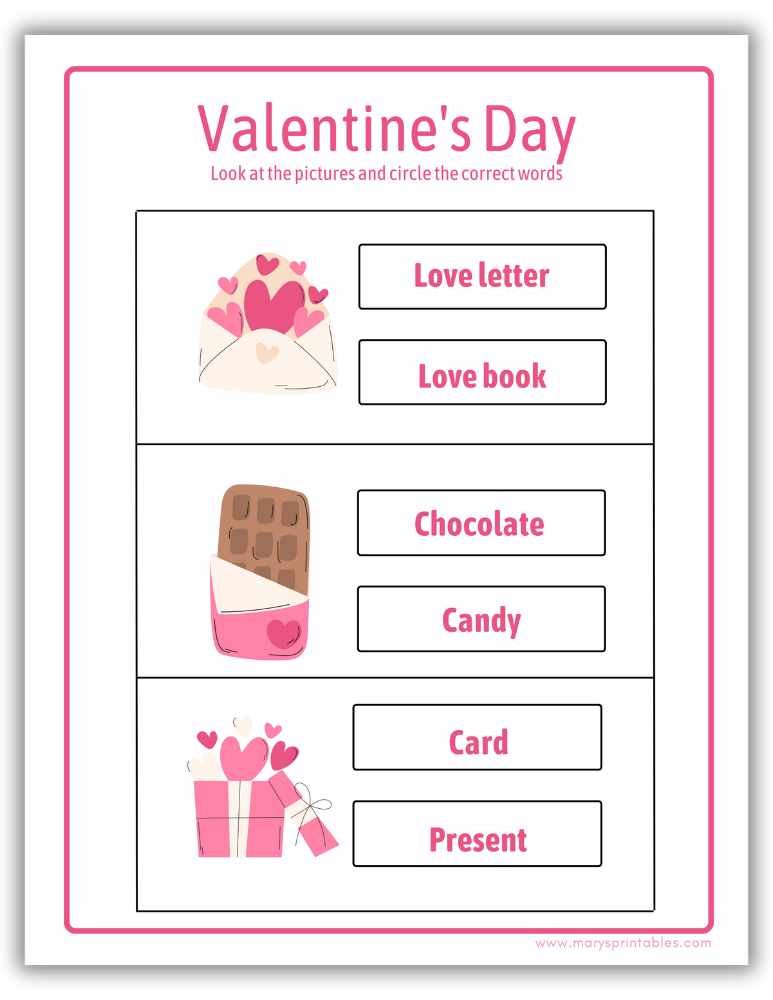 Kids Valentine printable correct words activity sheet
