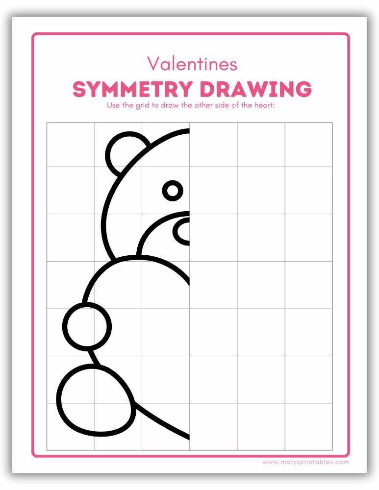 Valentine symmetry teddy bear drawing printable activity for preschool children
