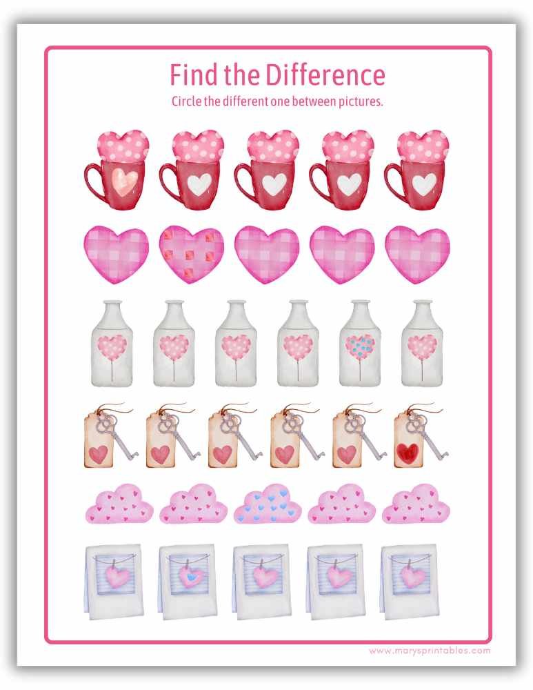 Valentine&rsquo;s Day find the difference printable with heart-themed images