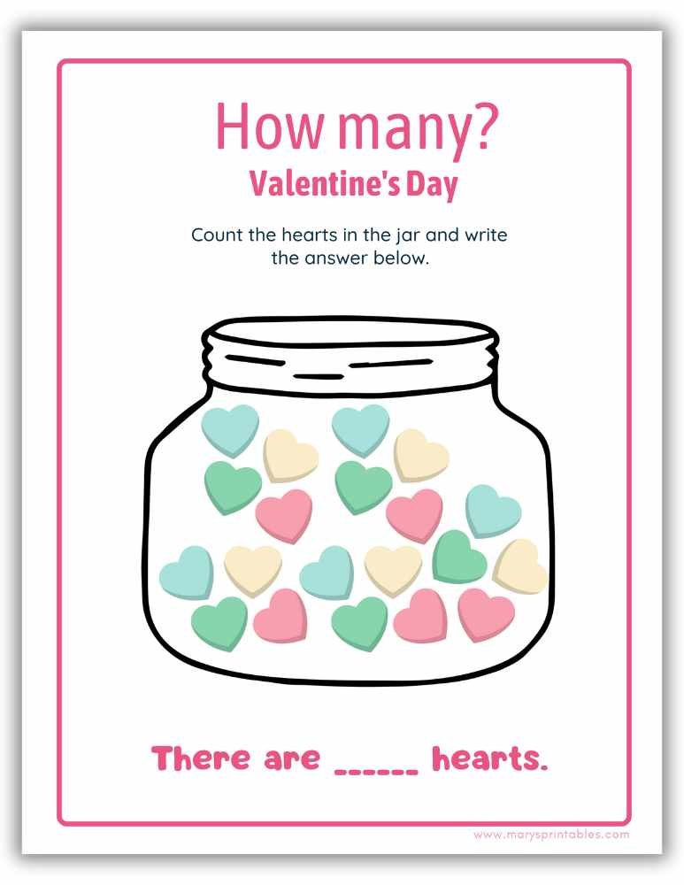 printable valentines day activities - How many? Count the hearts in the jar and write the answer