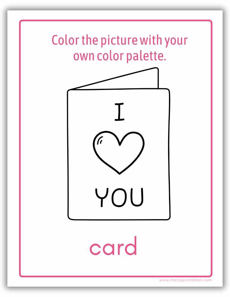 Valentine activity page with color the picture worksheet featuring an I love you card