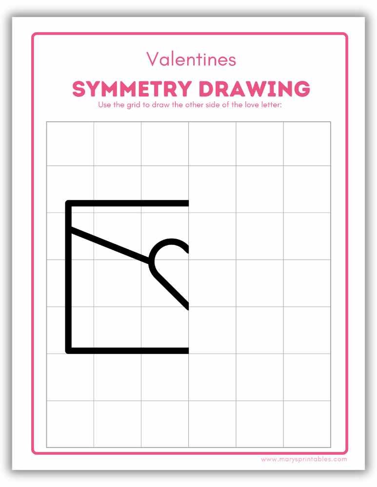 Printable Valentine&rsquo;s Day symmetry drawing worksheet with mirrored shapes - envelope