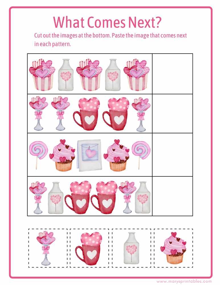 Printable Valentine learning worksheet for pattern recognition