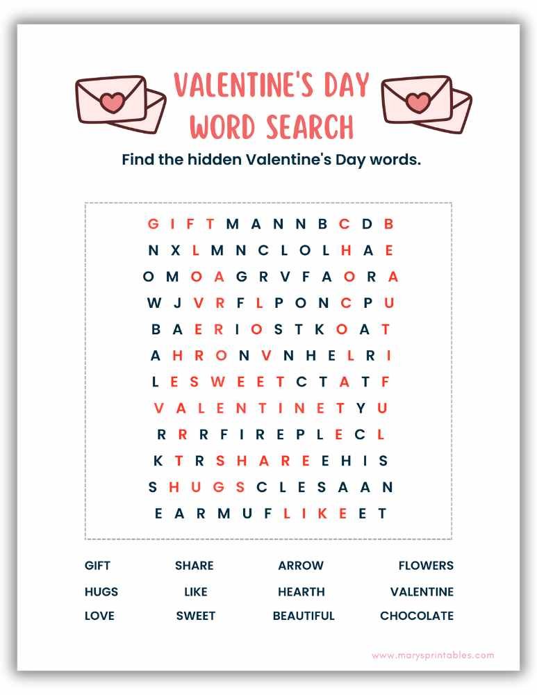 Valentines Day Activities - Word Search Answers