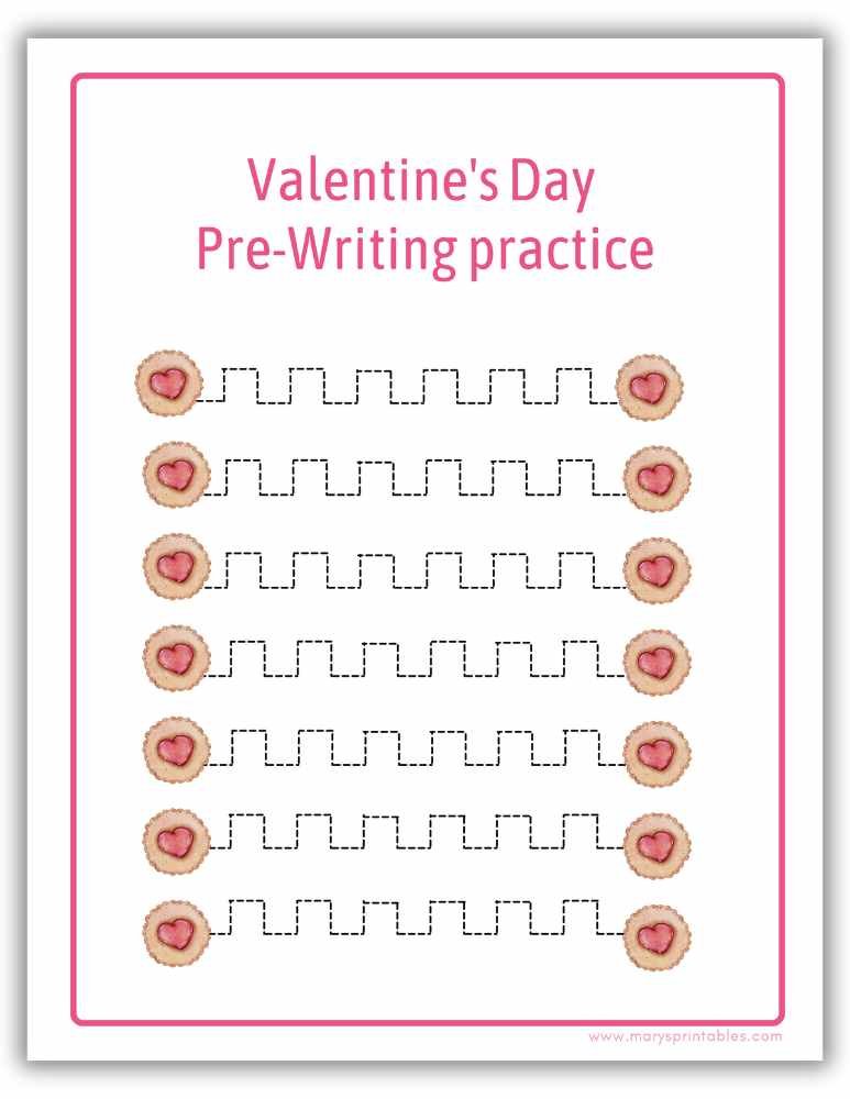 Valentine&rsquo;s Day pre-writing practice worksheet with tracing lines