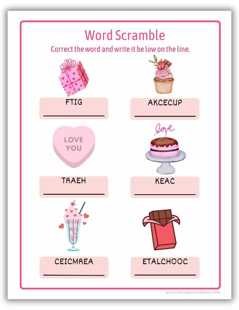 Valentine&rsquo;s Day word scramble printable worksheet for children