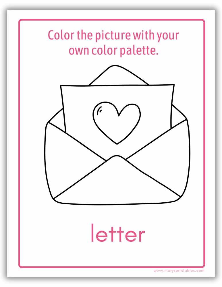 Kids Valentine activity sheet color the picture printable with a love letter illustration