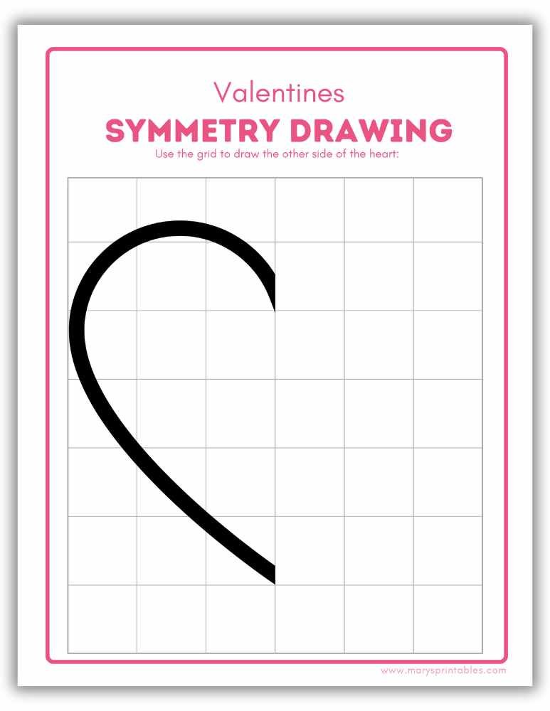 Valentine&rsquo;s Day symmetry drawing worksheet with heart shapes for kids