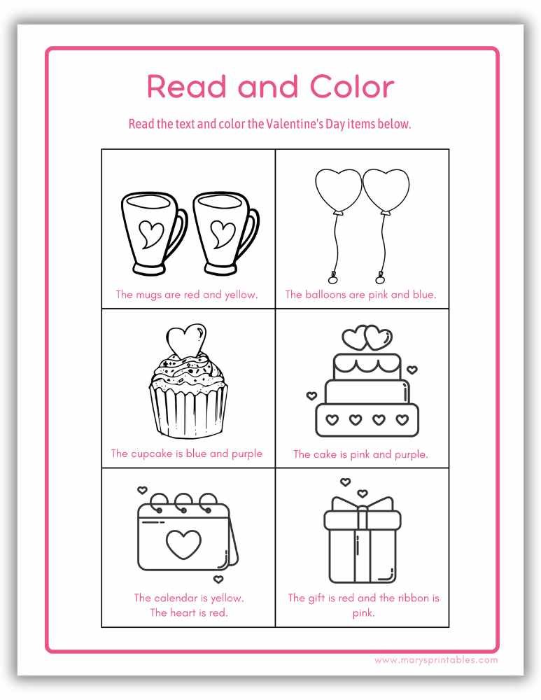 Valentine&rsquo;s Day read and color printable worksheet for children