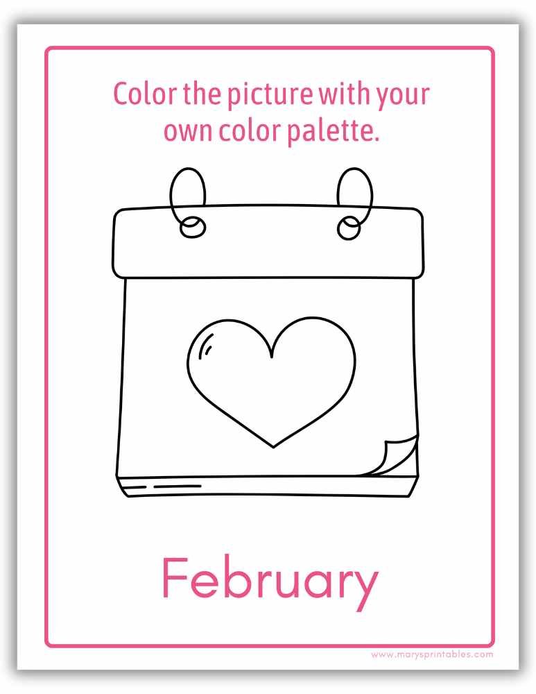 Valentine printable fun coloring activity page with a February calendar