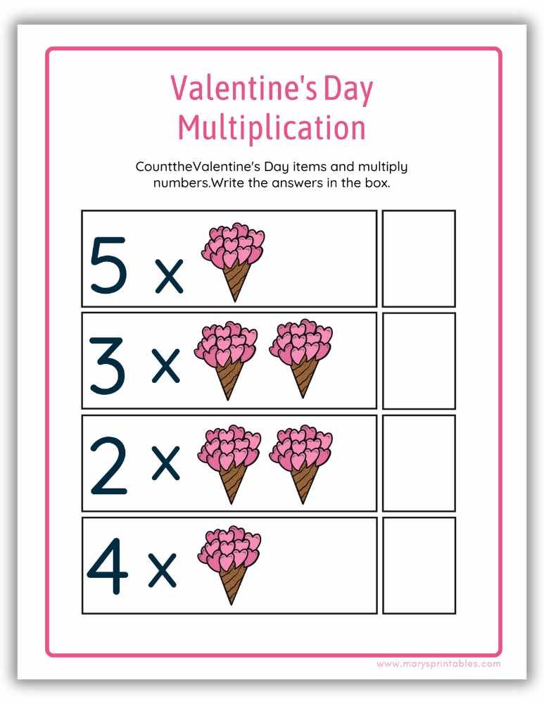 Valentine&rsquo;s Day multiplication worksheet for kids with heart designs