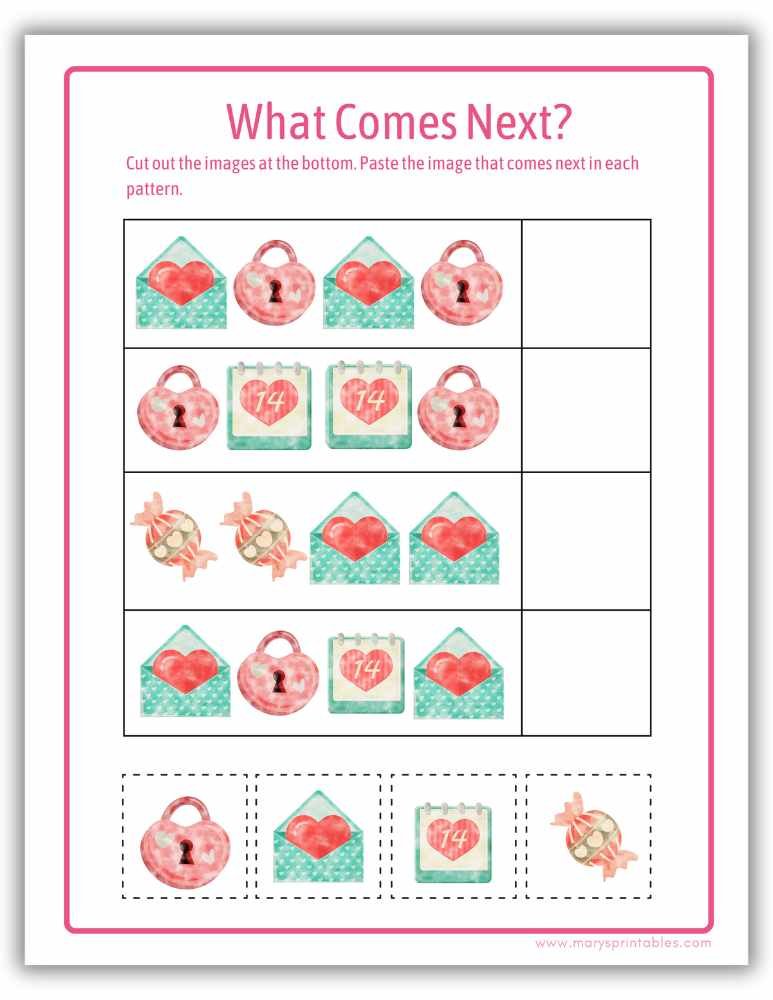 Valentine&rsquo;s Day what comes next pattern worksheet for kids