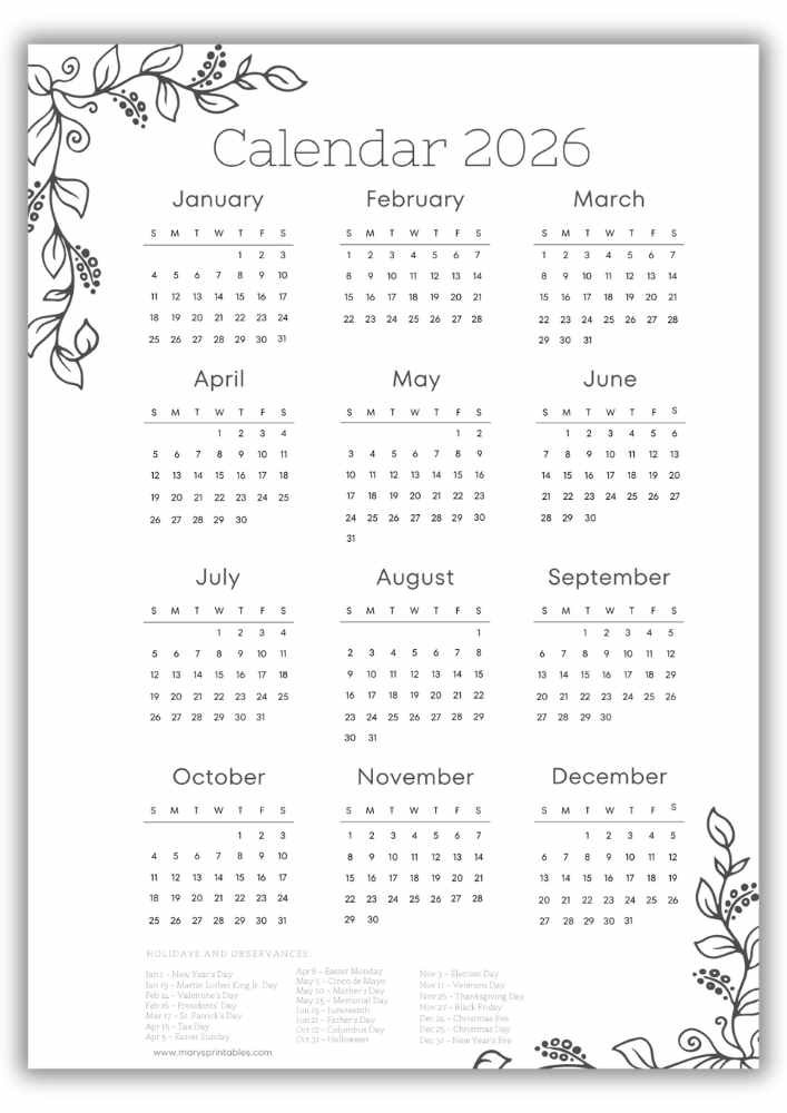 2026 printable calendar with botanical corner illustrations and a clear year-at-a-glance layout including U.S. holidays.