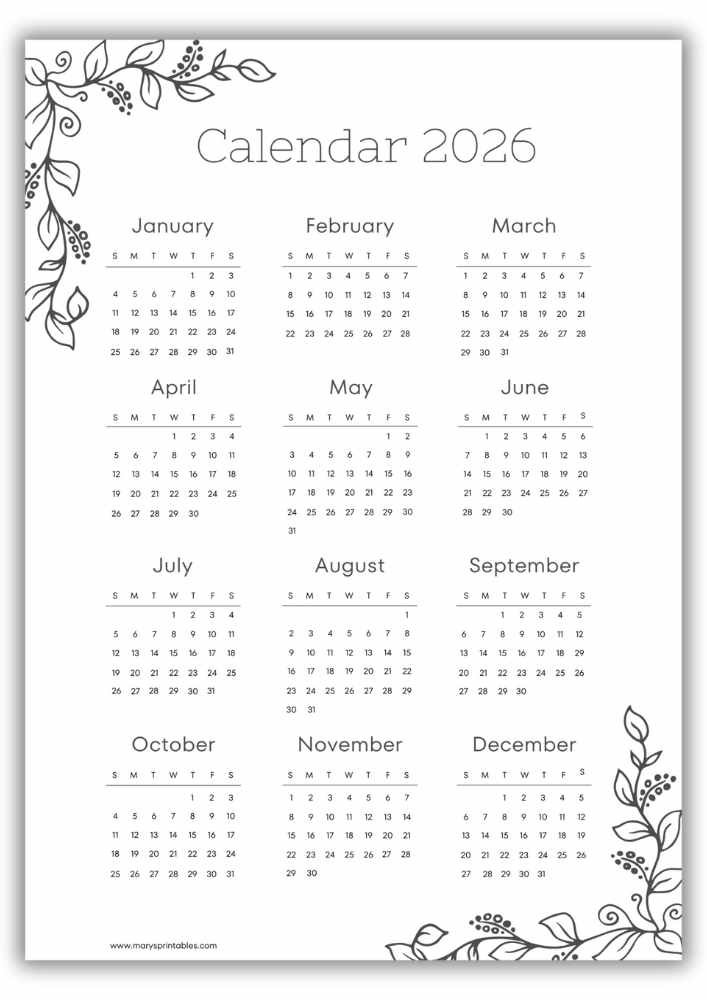 2026 printable calendar decorated with botanical corner artwork and a clean, holiday-free year-at-a-glance layout.