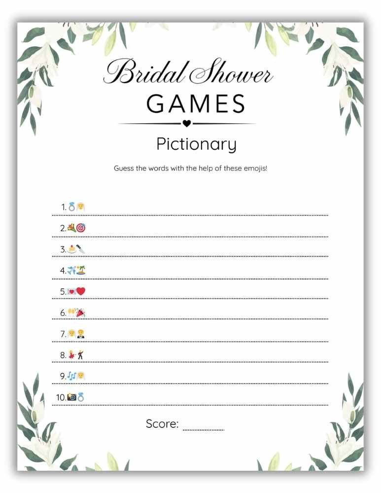 Printable bridal shower emoji pictionary with watercolor white floral design.