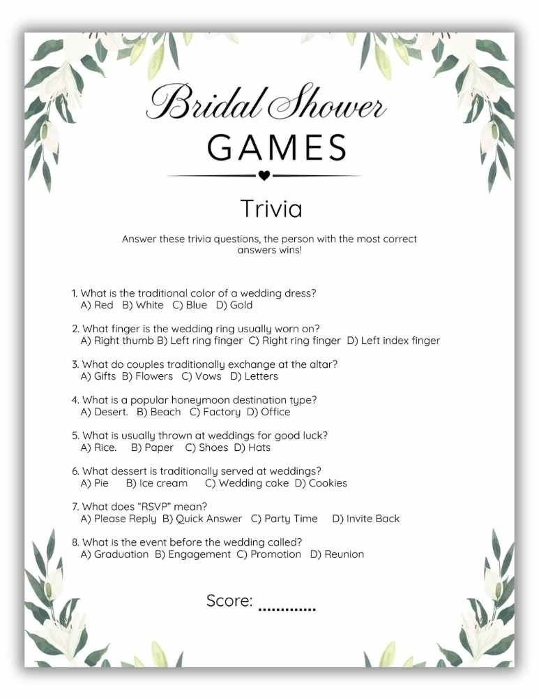 Printable bridal shower trivia game with watercolor white floral and leafy design.