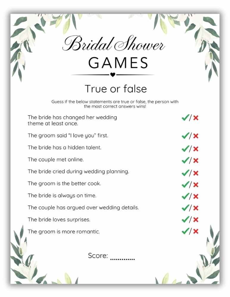 Printable true or false bridal shower game with watercolor white floral design.