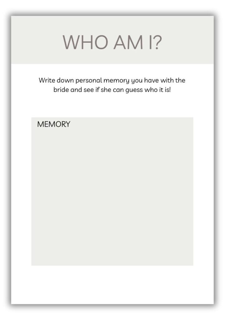 Who Am I baby shower printable memory game with large writing space for guests to write a personal memory