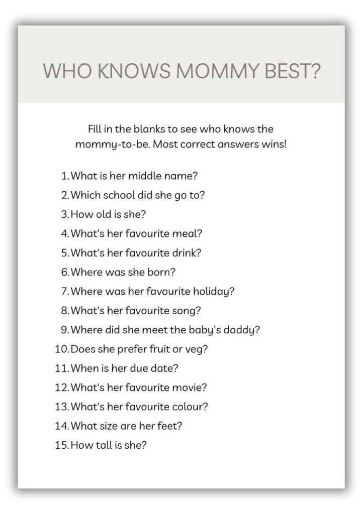 Who Knows Mommy Best baby shower game printable with 15 questions about the mom-to-be including favorite food, due date, middle name, and where she met the baby’s daddy.