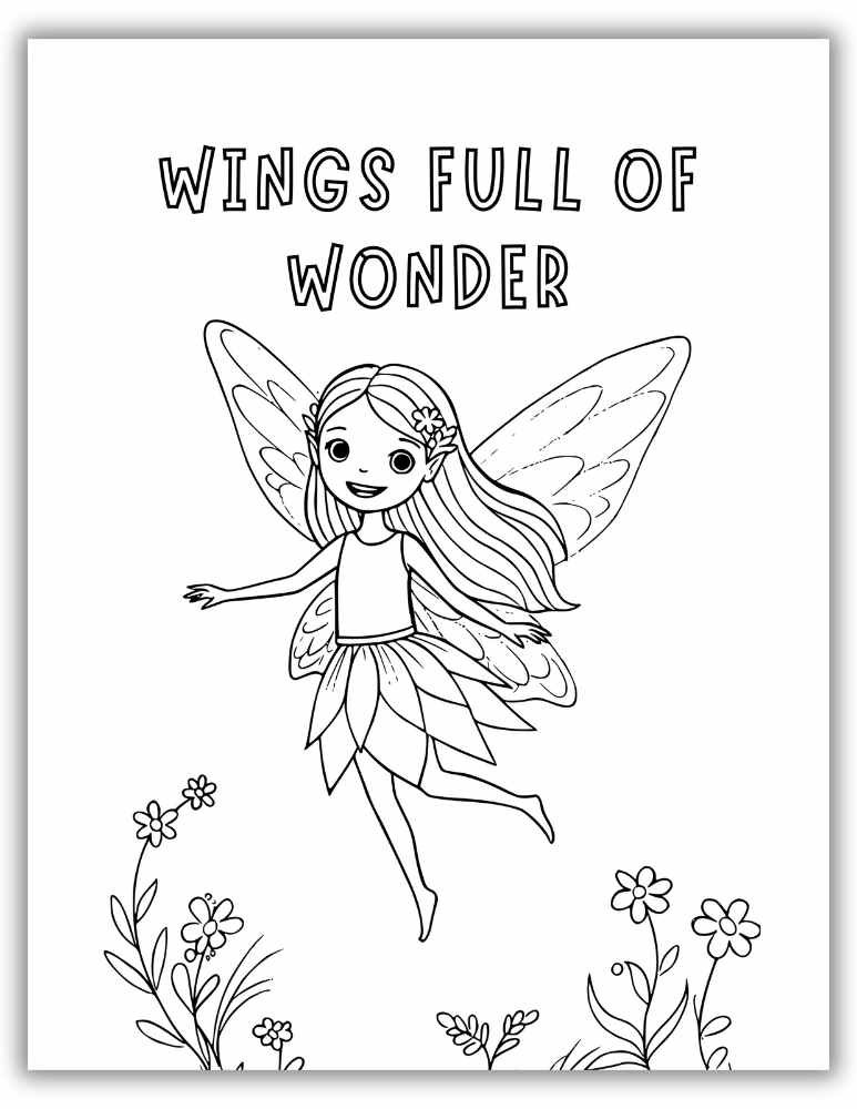airy with beautiful wings in a peaceful scene – printable fairy coloring page for kids.