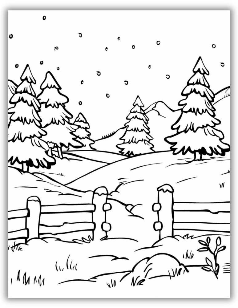 Winter coloring page showing a wooden fence, snowy hills, and pine trees