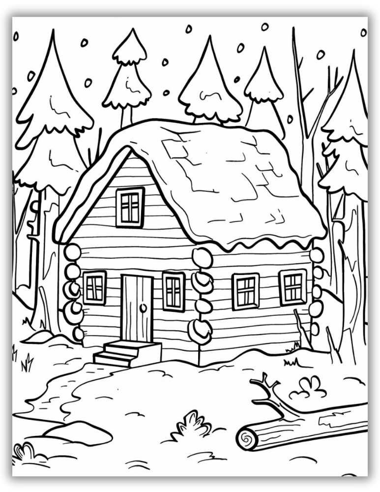 Winter coloring page of a log cabin surrounded by snow-covered trees