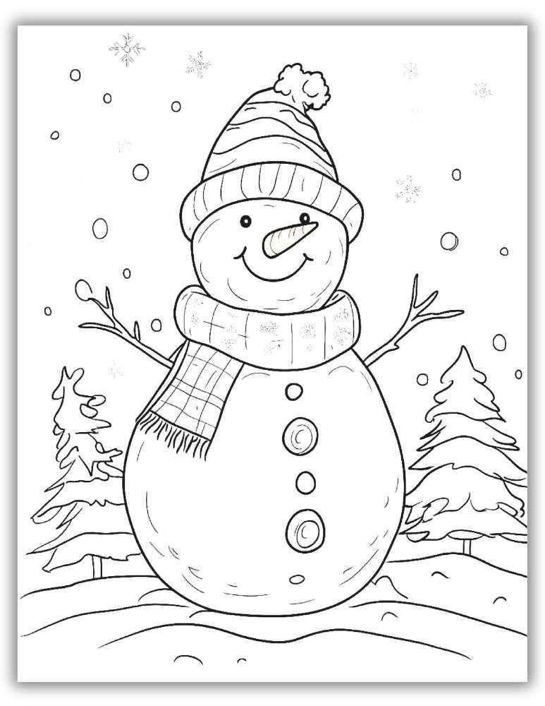 Snowman coloring sheet showing a cheerful snowman wearing a hat and scarf, sitting in a snowy forest with pine trees.