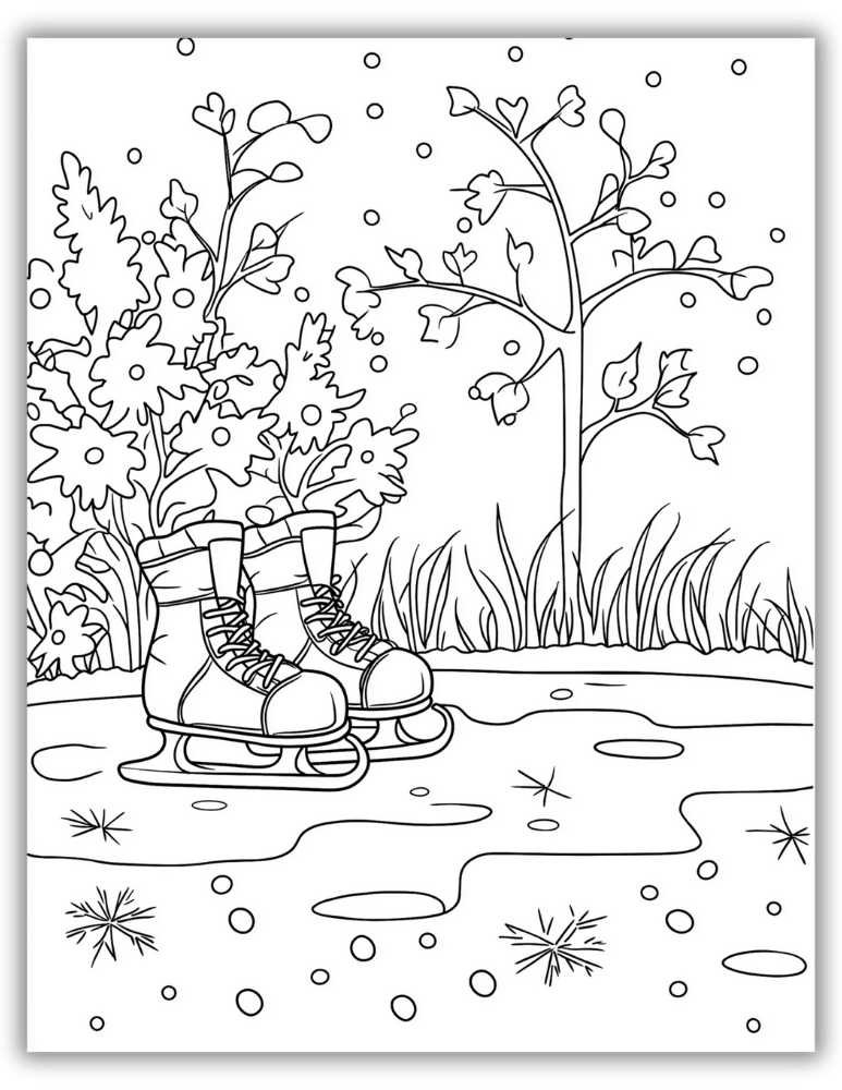 Winter coloring page featuring ice skates resting on a frozen surface with snowflakes