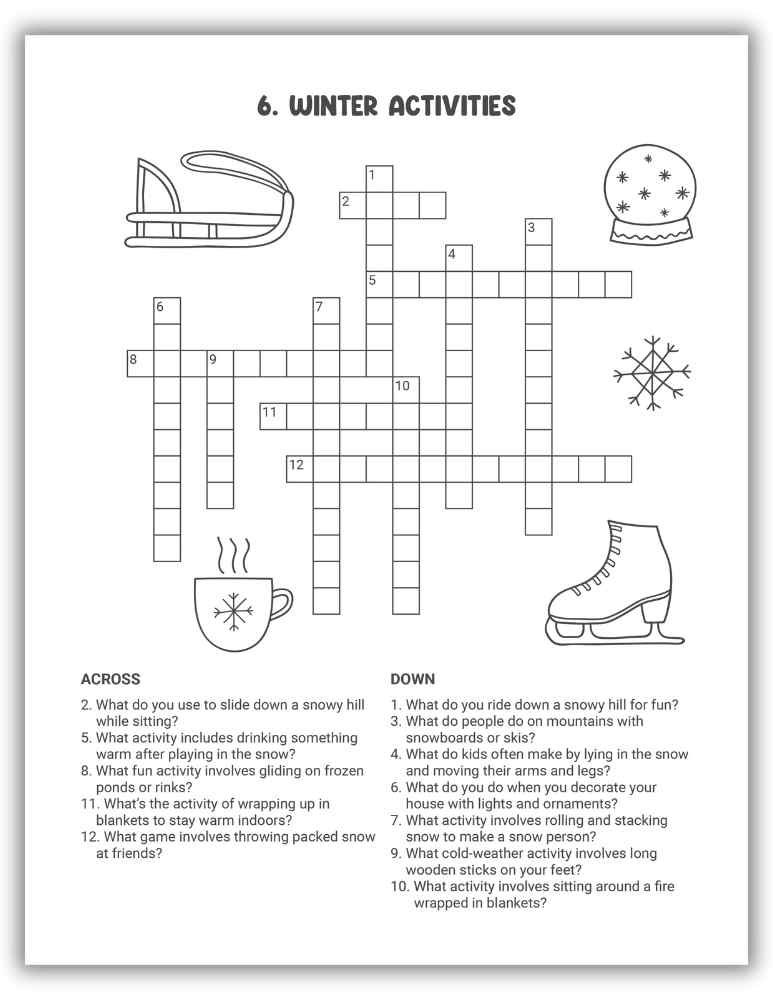 Winter Activities Crossword Puzzle Printable &mdash; puzzle featuring fun snow day activities for kids.