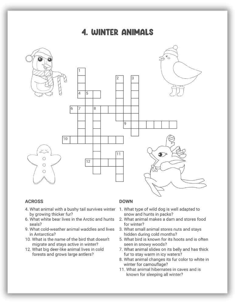 Winter Animals Crossword Puzzle Printable &mdash; fun educational puzzle about cold-weather wildlife.