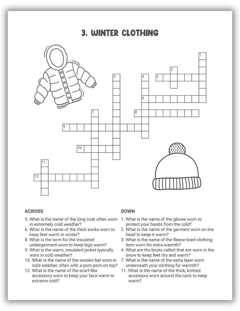 Winter Clothing Crossword Puzzle Printable &mdash; puzzle featuring warm clothing like coats, hats, and mittens.
