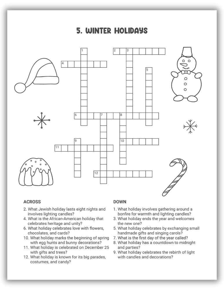 Winter Holidays Crossword Puzzle Printable &mdash; puzzle featuring festive traditions like Christmas and Hanukkah.