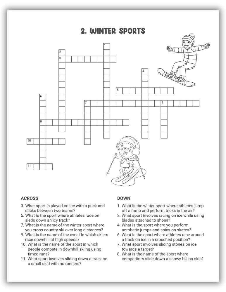 Winter Sports Crossword Puzzle Printable &mdash; crossword about skiing, skating, and winter games.