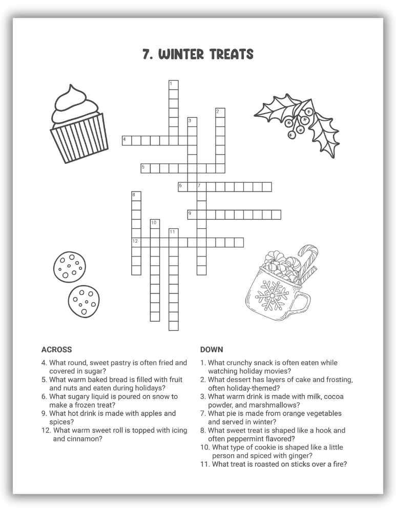 Winter Treats Crossword Puzzle Printable &mdash; crossword featuring hot cocoa, cookies, and festive sweets.