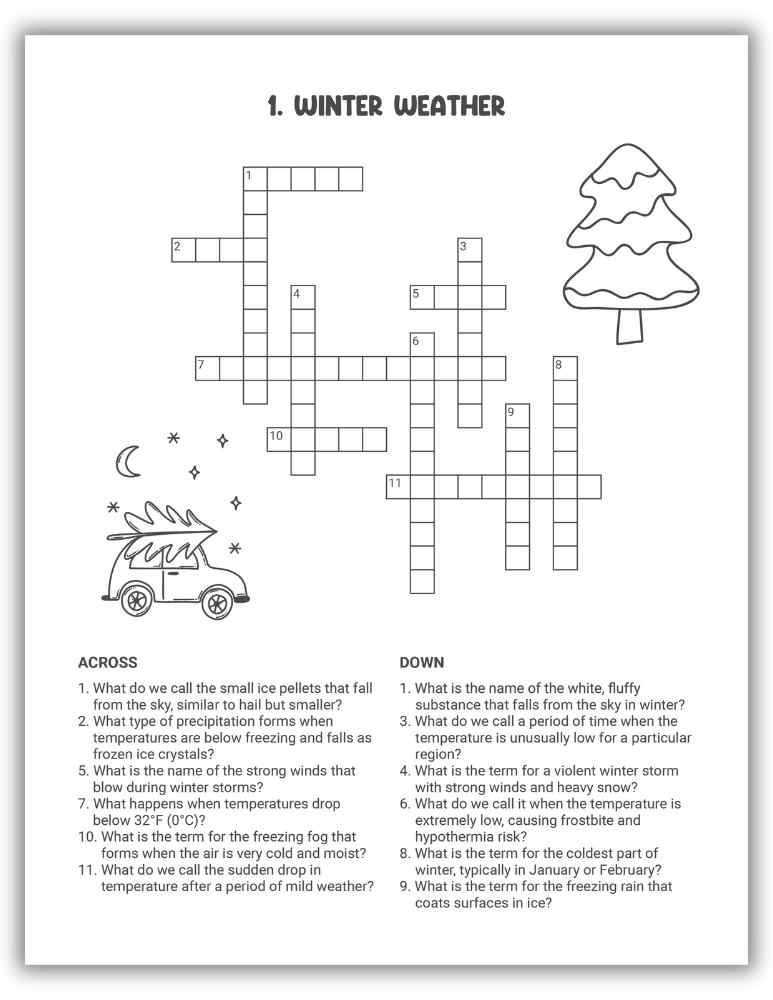 Winter Weather Crossword Puzzle Printable &mdash; puzzle with clues about snow, frost, and cold temperatures.