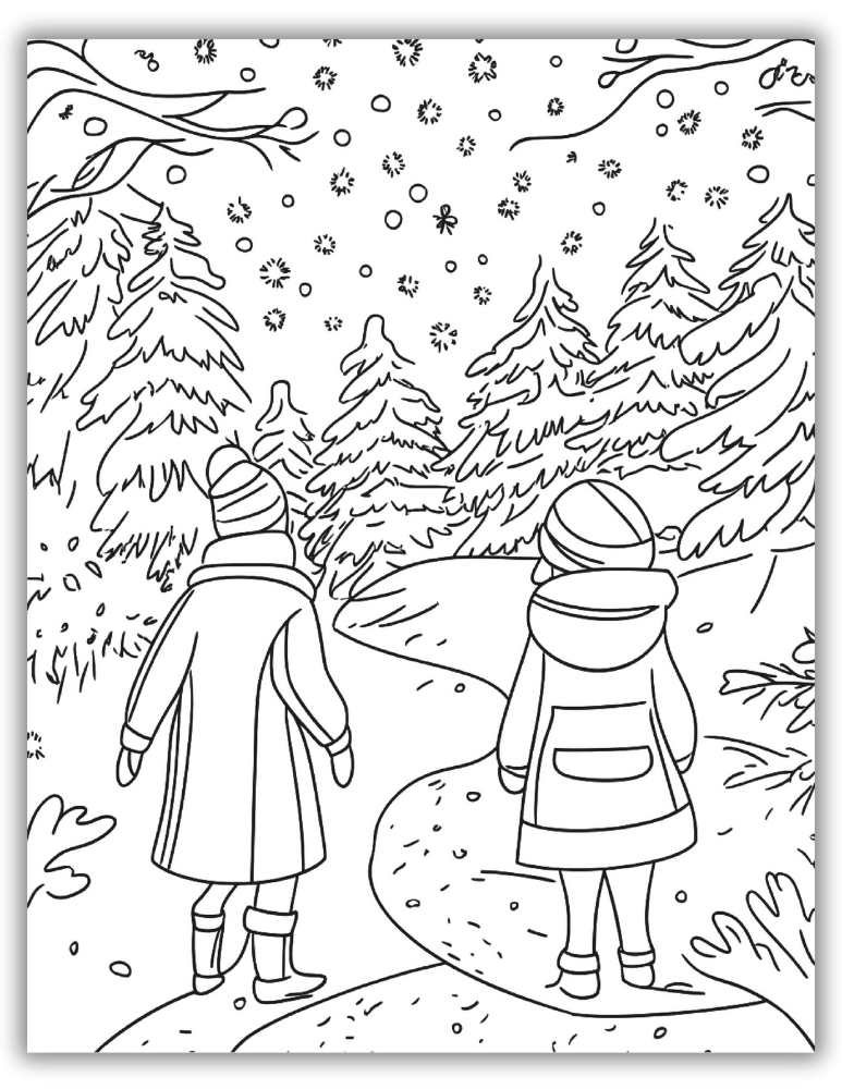 Winter coloring page showing two children walking along a snowy forest path