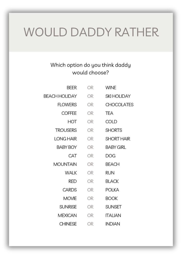 Would Daddy Rather printable baby shower game with choice questions in neutral beige and taupe design