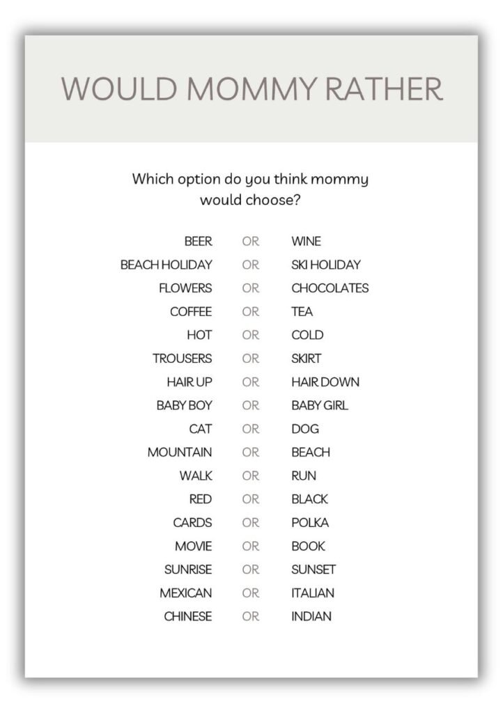 Would Mommy Rather baby shower printable game with multiple choice questions in neutral gray minimalist design.